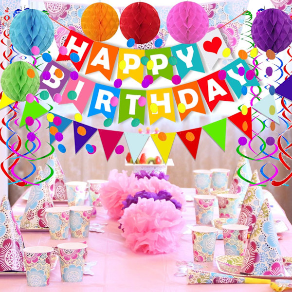 Farverig Happy Birthday Banner Papir Trekant Flag Bunting Cirkel Konfetti Prikker Hængende Girland Og Honningkage Bold Hvirvel Streamers