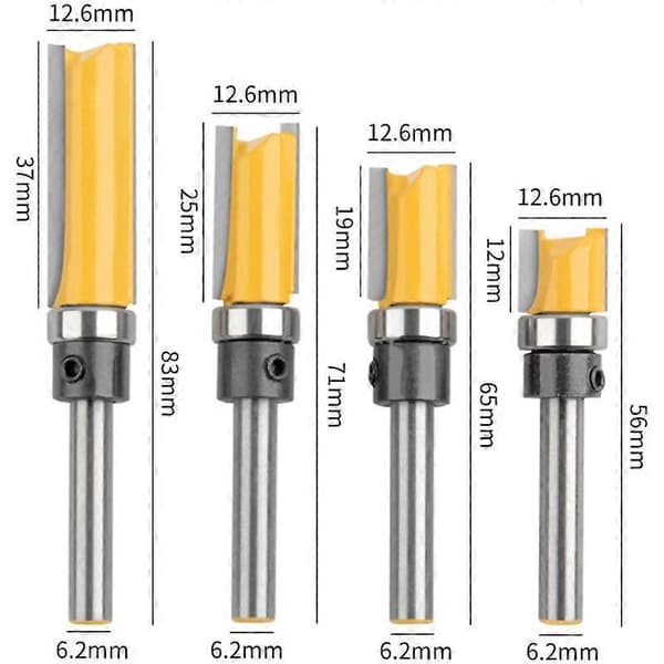 Finish Pattern Router Bit Set 6,2 mm varrella, tasoitusjyrsin puuntyöstöön, 4 kpl