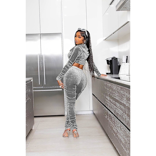 Naisten Sametti Tracksuit Set Seksikäs 2-osainen Asuste Vetoketjullinen Huppari Grey L