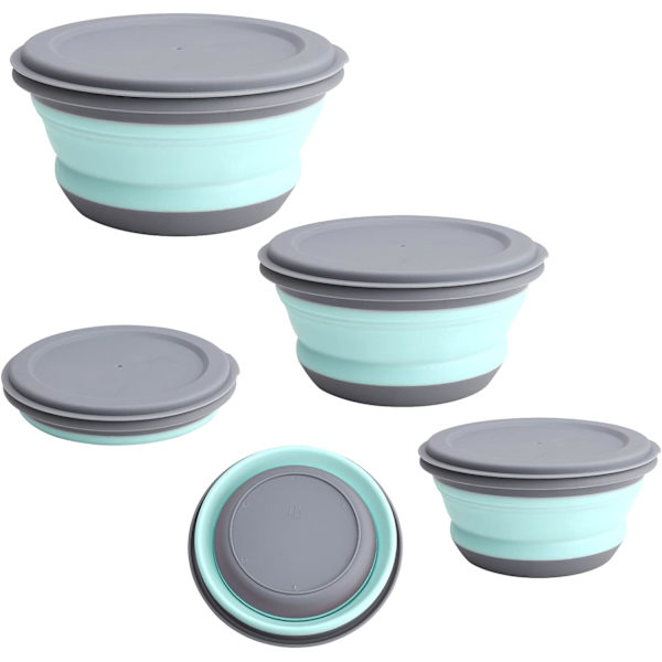 Set med 3 hopfällbara porslinsskålar, bärbar campingskål, med lock, utomhusservis, hopfällbar, lunchlåda, salladsskål