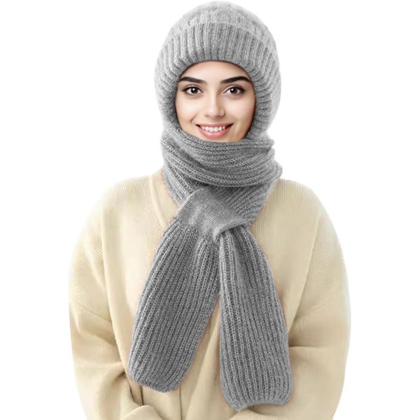 Beaniehatt med Integrerat Öron- och Vindskydd, Elastisk Stickad Tjock Varm Sammansatt Vinter Grey