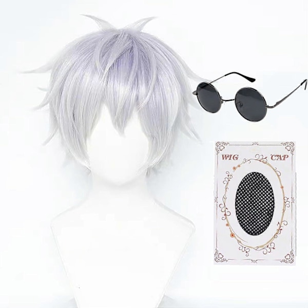 Cosplay Wig Gojo Satoru Costume Wig with Black Glasses Silver White Anime Wig with Wig Cap for Cosplay Halloween Costume Party