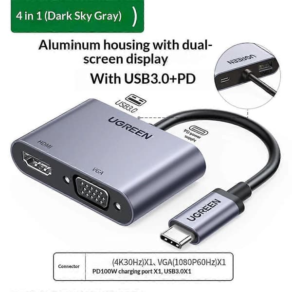 UGREEN 50505 4-i-1 Hub USB-C til 4K / 30Hz HD VGA USB 3.0 PD 100W Hurtigopladningsadapter MultiColor