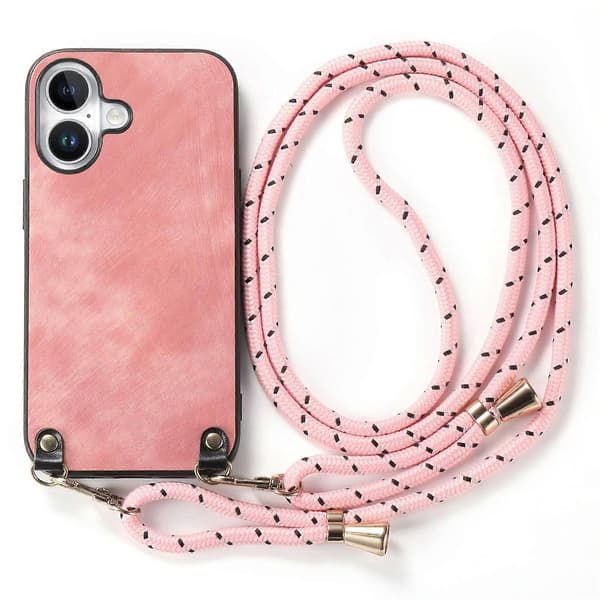 Retro læder telefonbagside til iPhone 16 med justerbar rem Pink