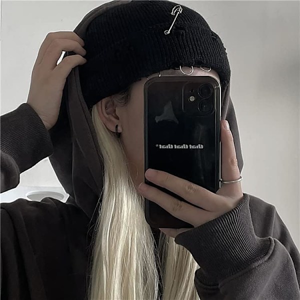 Gotisk Beanie Vinterstrikket Hat Trendy Metalringe Pin Hip Hop Streetwear Harajuku Y2k Skull Cap Emo Scene Grunge Tilbehør Black One Size