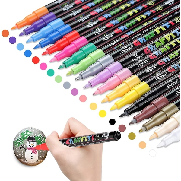 18 farger akrylmalingspenner for steinmalingsett, glass, keramikk, stein, stoff, tre - Permanent tusjpenn for kunst- og håndverksett