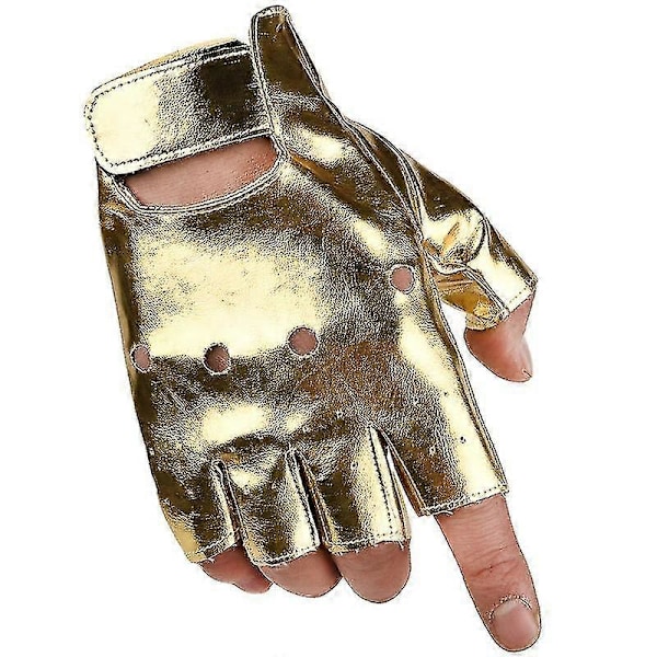 Män PU Läder Punk Halv Finger Ihålig Handskar Guld