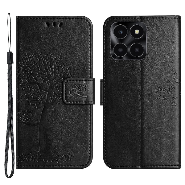 For Honor X6a 4g Owl Tree Imprinted Pu Læder Stand Wallet Case Fuld beskyttelse Telefon Cover Black