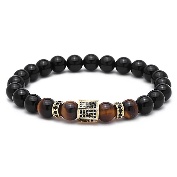 Mænds armbånd med sorte skinnende stenperler, zirkoner og forgyldte heldsperler Rose Gold