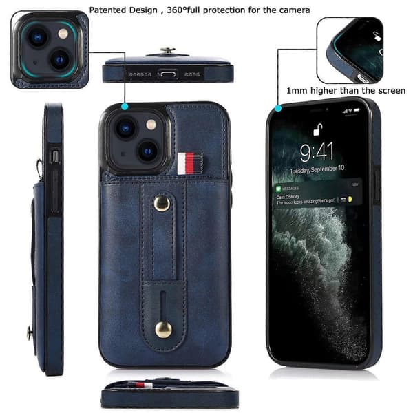 Armband Plånbok Läder Telefonfodral med Ställ för iPhone 14 Plus Blue