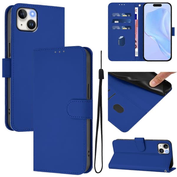 Skin Feel Lær Telefonveske For iPhone 15 Plus Dark Blue