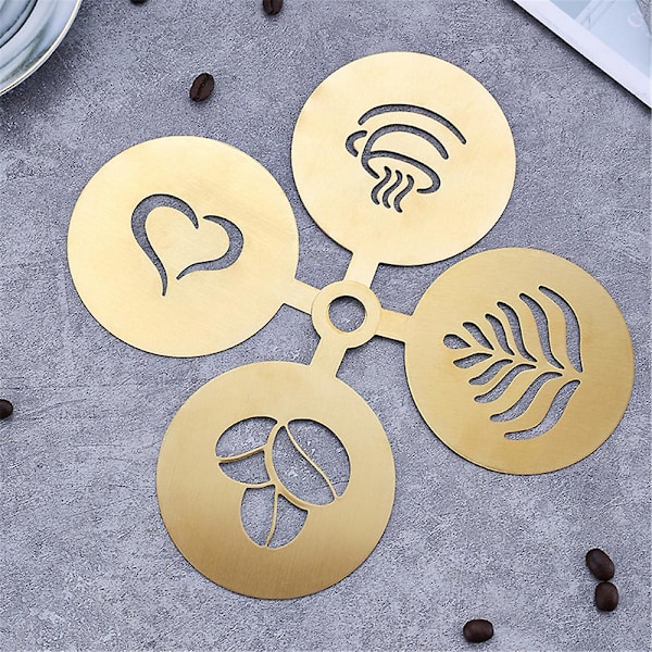 4 stk. Cappuccino Kaffe Dekoration Rustfrit Stål Skabeloner Kaffe Kunst Skabelon Kaffe Form Værktøj til Kage Kaffe Havregryn Varm Chokolade Gold