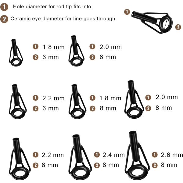 8 stk. Fiskestavsføringer, Rustfrit Stål Fiskestavs Reparationskit Fiskestavsringe til Saltvands- og Ferskvandsfiskeri (Sort)