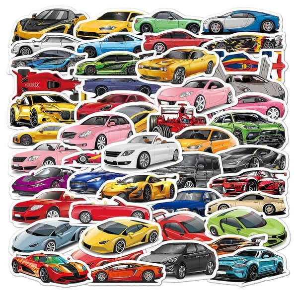 50 sarjakuva-auto tarraa