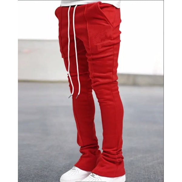 Herr sport casual fyra säsonger långa utsvängda byxor slim fit dragsko elastisk midja enfärgade byxor Red M