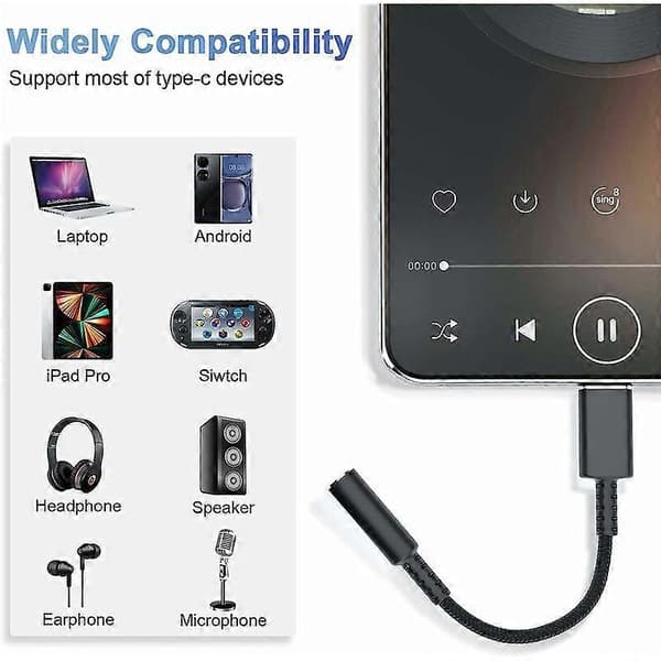 Dww USB C til 3,5 mm Jack Adapter, USB C til 3,5 mm Jack Adapter, USB C Auxiliary Adapter, Audio Jack Adapter med højopløselig DAC-chip, kompatibel med