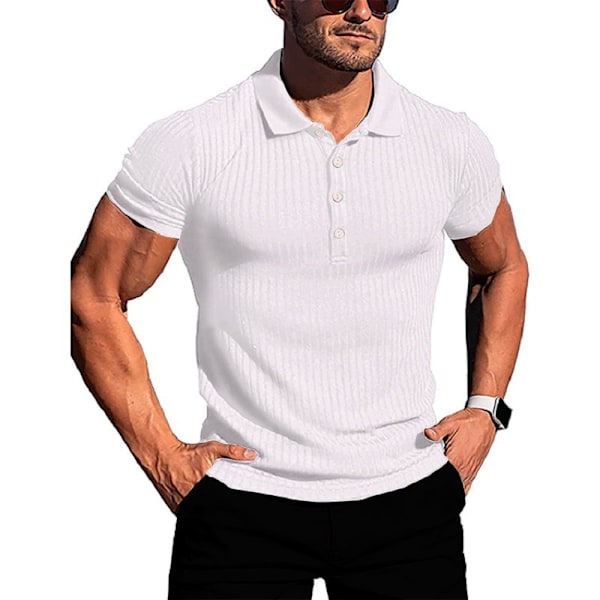 Sommer sports fitness fritid elastisk jakkeslag vertikalstripet kortermet POLO-skjorte for menn White L