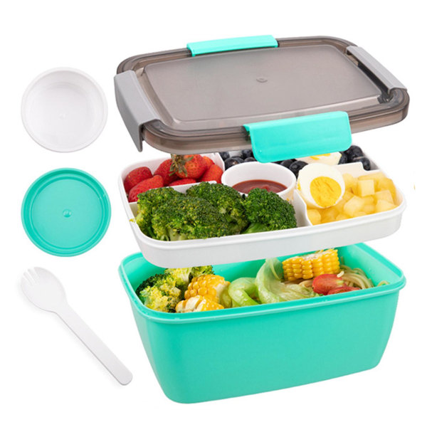 Salat lunsjboksbeholder 5-roms stor kapasitet, stablebar BPA-fri lekkasjesikker salatbeholder med skje Green