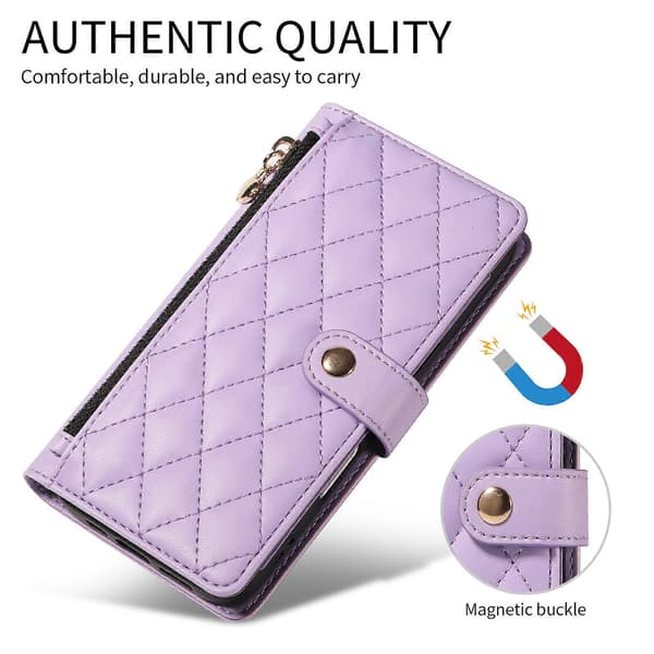 Kompatibelt Plånboksfodral med Remmar för iPhone 16e, Rombmönstrat Läderställ Purple