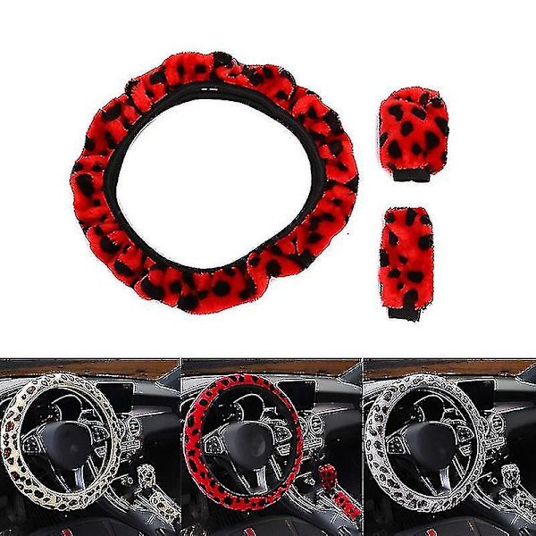 3-pack Leopardskinnsplysch Rattstyrningsöverdrag Vinterbiltillbehör Red