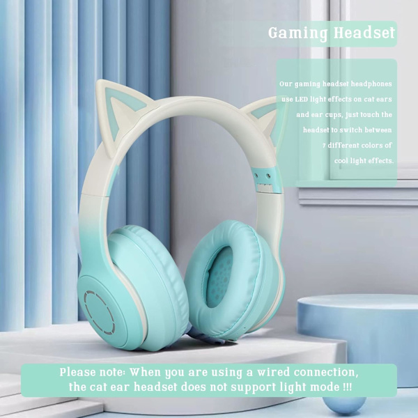 Trådløse spillhodesett via Bluetooth 5,1/3,5 mm AUX-kabel, sammenleggbare hodetelefoner med 7 farger LED-lys og 4 LED-moduser for jenter, voksne (vegetabilsk)