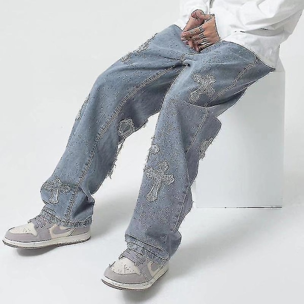 V-hanver Herr Streetwear Baggy Jeans Byxor Cross Hip Hop Herr Lösa Jeans Byxor Dam Oversized Boyfriend Jeans Denim Jeans M