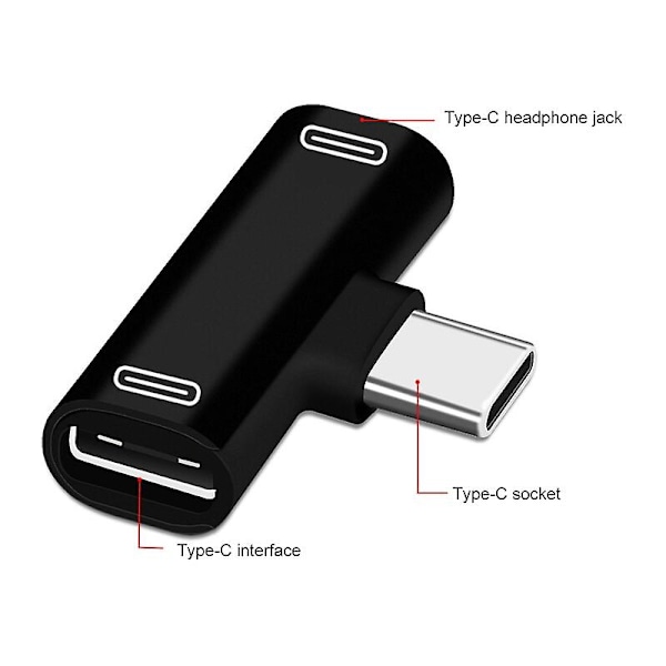 2 i 1 USB C Splitter Typ C hane till dubbel typ C hona hörlursladdare black