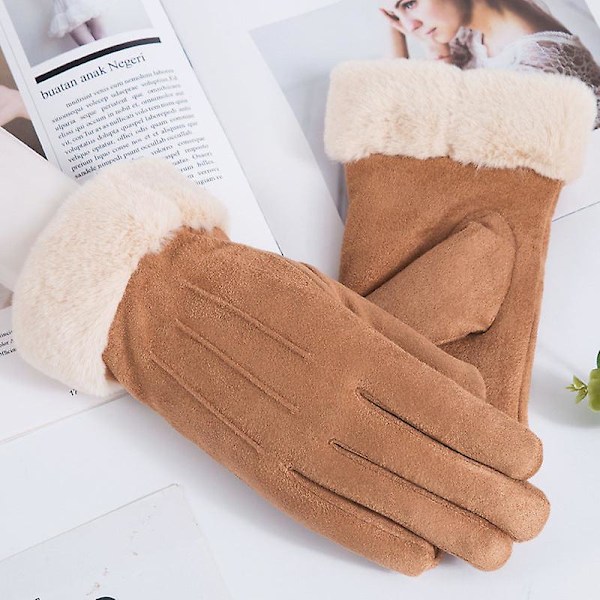 Høst og vinter varme hansker Semsket skinn hansker Dame fleece-fôret tykk utendørs sykling og kjøring berøringsskjerm hansker Suede three-line-khaki Average size