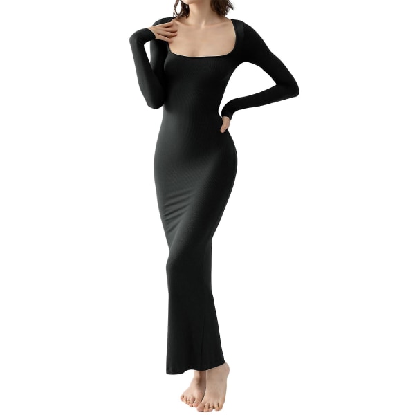 Naisten neliömäinen pitkähihainen mekko Yksivärinen Neulottu Ribbed Bodycon Mekko Juhlamekko Black M