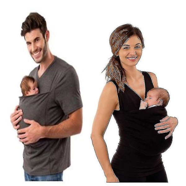 Kangaroo Large Pocket Vest T-shirt Herr Kvinnor Pappa Mamma Care Bonding Shirts Black Women L