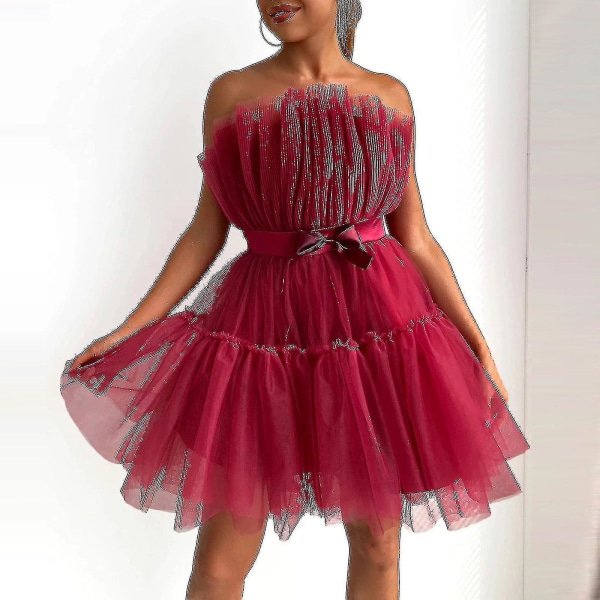 Kvinnor Tyllklänning Ärmlös kort klänning Solid Mesh Princess Steapless Party Dress_y Light Coral 38