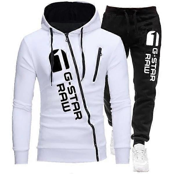 2023 Ny Efterår/Vinter Herre Tracksuit Sæt Mode Print Lynlås Hættetrøje + Sweatpants 2 Dele Sæt Jogging Casual Tøj White S