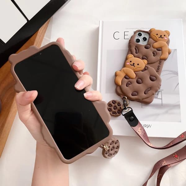Cute Cartoon Bear Cookie Case for iPhone 13 Pro, Soft Shockproof Cover with Keychain