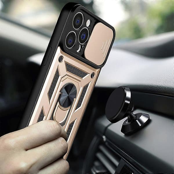 Til iPhone 14 Plus Skydelågs Kamera Design TPU+PC Telefon Cover Gold
