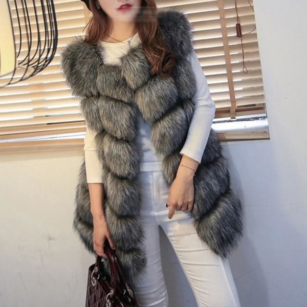 Kvinder imiteret pels vest Gilet Body Warmer ærmeløs jakke frakke Silver Grey XL