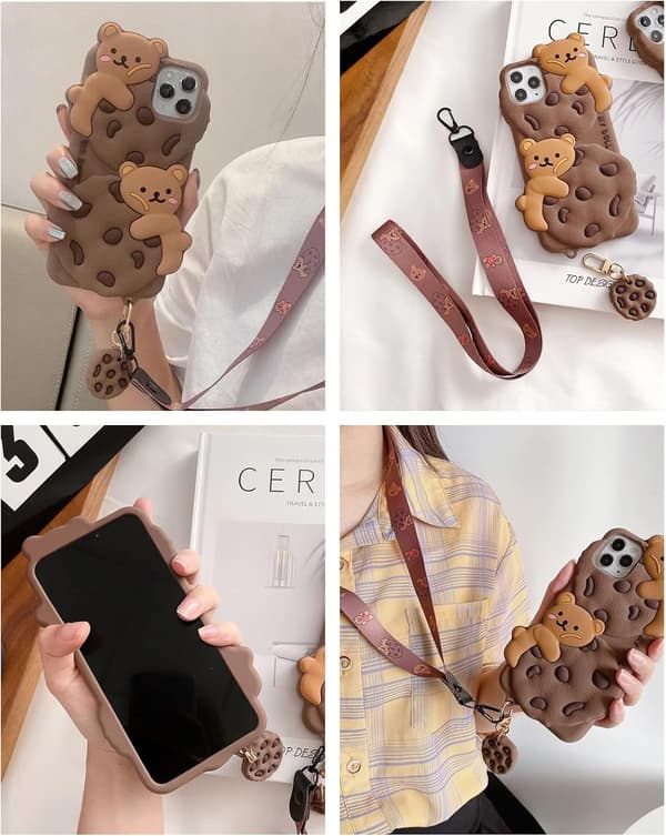 Cute Cartoon Bear Cookie Case for iPhone 13 Pro, Soft Shockproof Cover with Keychain