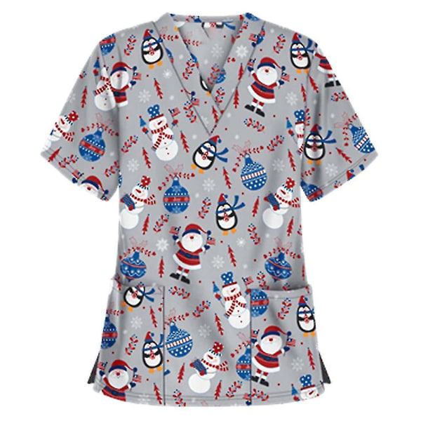 Jul Kvinder Sygepleje Uniform Scrub Kortærmet T-shirt Xmas Bluse Tee Toppe-l-pingvin Grå