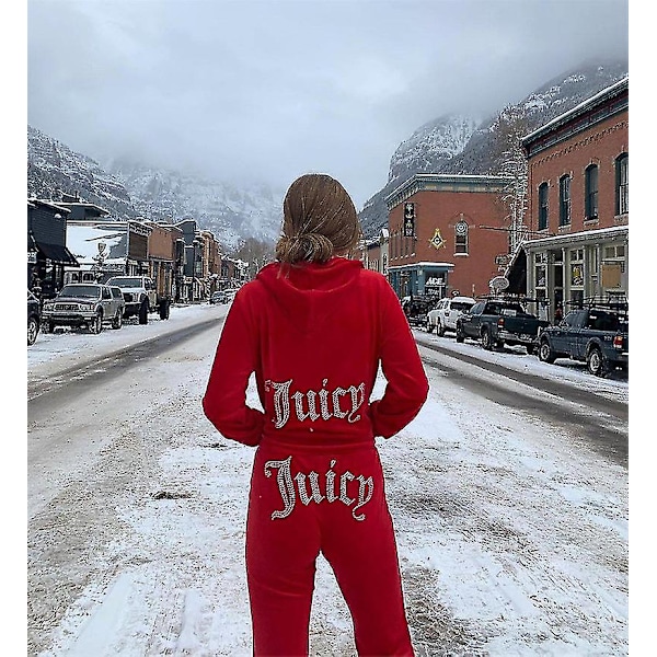Velour Juicy Sy-sæt med hættetrøje og bukser i fløjl med lynlås - Sportswear til kvinder, forår/efterår 2024 Red M