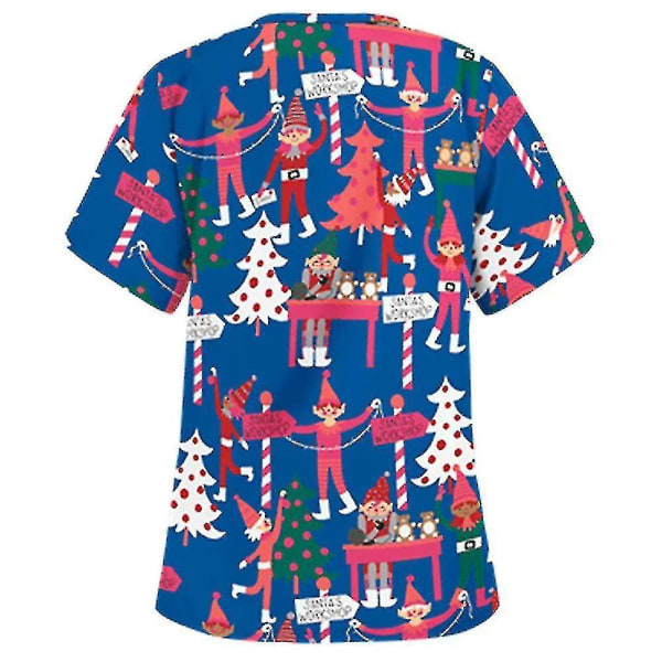 Jul Kvinder Sygepleje Uniform Scrub Kortærmet T-shirt Xmas Bluse Tee Toppe-l-xmas Tree Blue