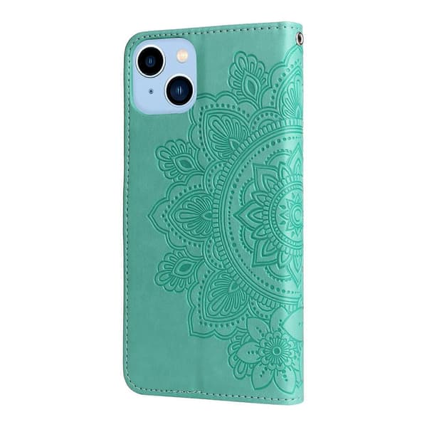 Læderetui med 7-bladede blomsterpræg til iPhone 14 Plus Green