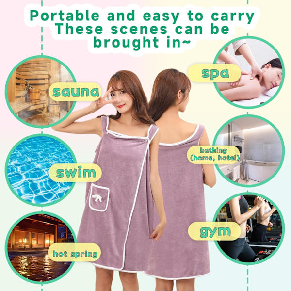 Håndklædekjole, badehåndklæde med stropper og lomme til kvinder, polyester, lilla, 31 tommer × 51 tommer