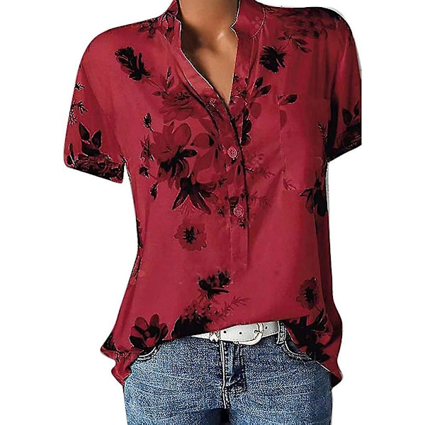 Blommiga toppar för kvinnor 2023 Button Down Mode Casual Lång-/kortärmade skjortor Blus Red 4X-Large