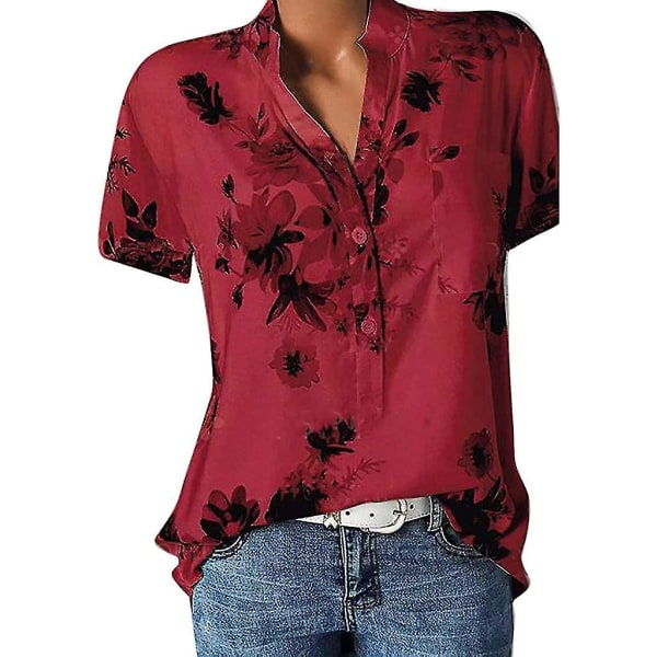 Blomstrete topper for kvinner 2023 Button Down-mote Uformelt Skjorter med lange/korte ermer Bluse Red X-Large