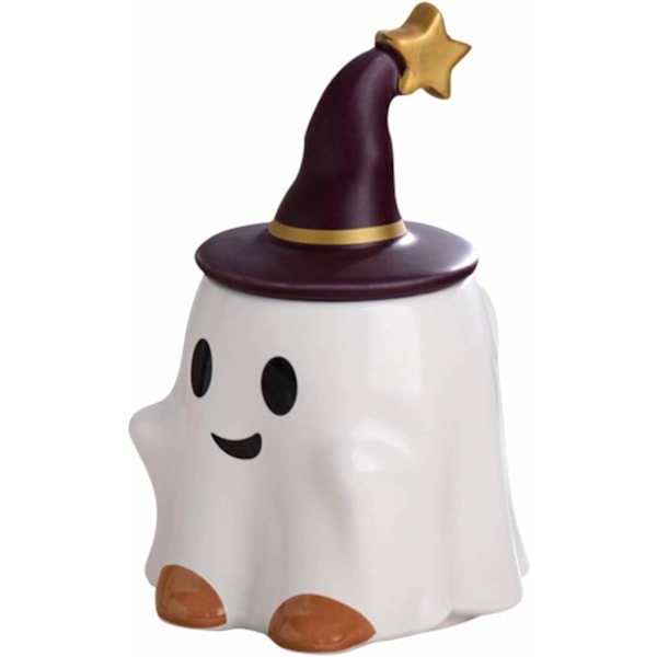 Novelty Tea Cup, Ceramic 11oz Halloween Coffee Mug with Lid- Friendly Ghost (White)