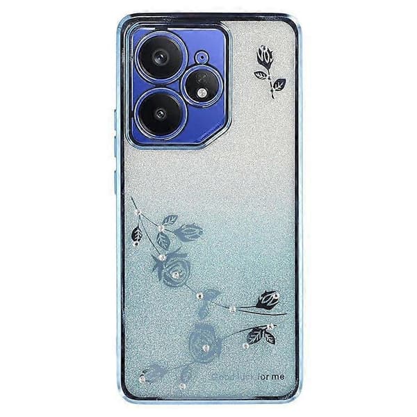 Skal med Ringstöd för Realme Neo7 5G, TPU Blommor, Gradient Glitter Blue