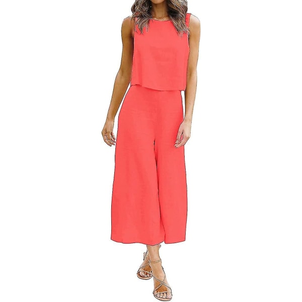 Roylamp Women's Summer 2-delade outfits Rundhalsad Crop Basic Top Beskuren Byxa Set med vida ben Jumpsuits Bright Orange Large