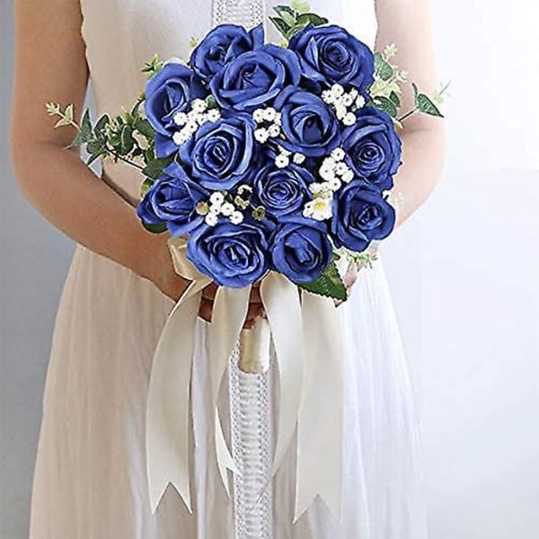 12 stk kunstige silkeblomster realistiske roser bukett lang stilk for hjemme bryllup dekorasjon fest (blå)
