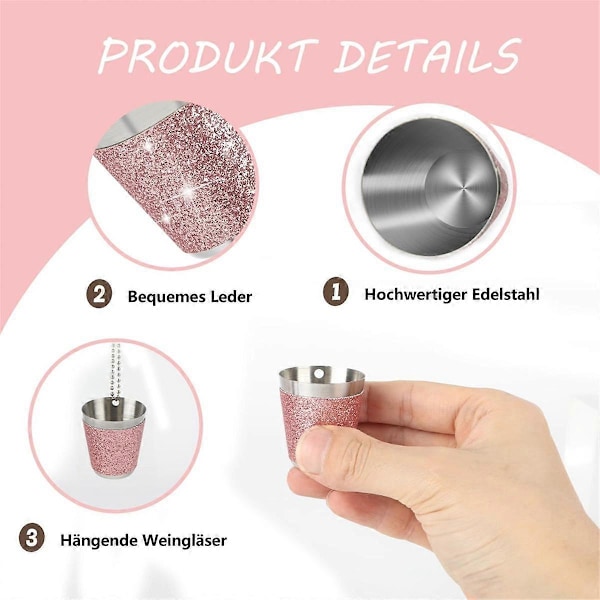 12 stk. shotglas i metal til ophængning, shotglas i rustfrit stål med kæde, shotglas 30 ml Pink