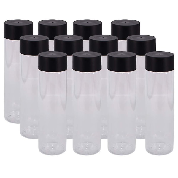 Pakke med 12 13,6 oz (400 ml) klare PET-plastikjuiceflasker med sort låg f.eks.
