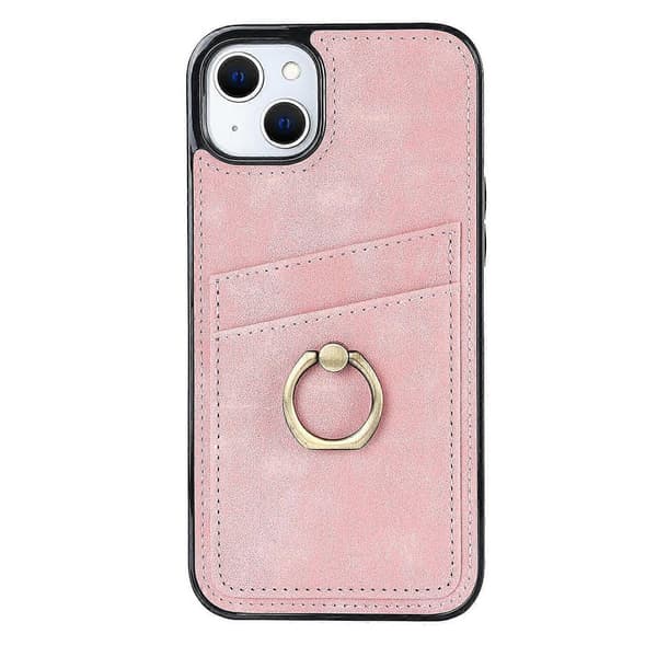 Vintage Patch Læder Telefon Cover med Ringholder til iPhone 14 Plus Pink